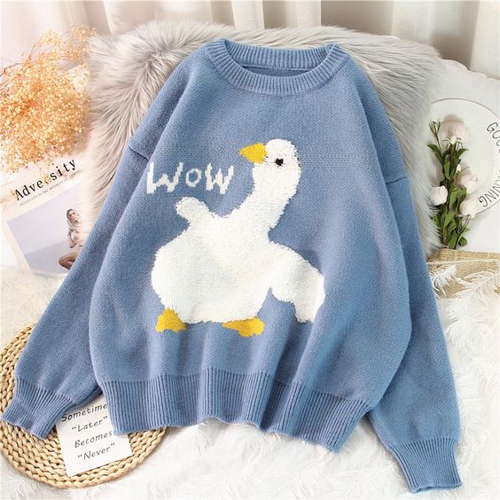 Cute Duck Print Knitted Sweater Love Art USA