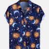 Men Sun Moon Print Short Sleeve Relaxed Shirts