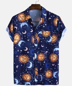 Men Sun Moon Print Short Sleeve Relaxed Shirts