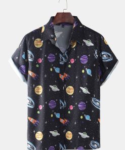 Mens Star Spaceship Cartoon Printing Breathable Short Sleeve Casual Shirts