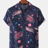 Mens Star Spaceship Cartoon Printing Breathable Short Sleeve Casual Shirts, Hawaiian Shirt
