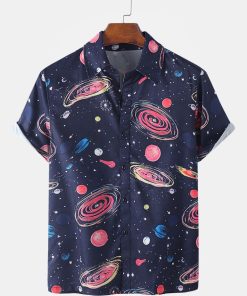 Mens Star Spaceship Cartoon Printing Breathable Short Sleeve Casual Shirts, Hawaiian Shirt