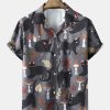 Mens Street Cat & Mushroom Print Revere Collar Shirts