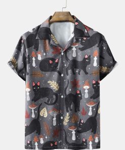 Mens Street Cat & Mushroom Print Revere Collar Shirts