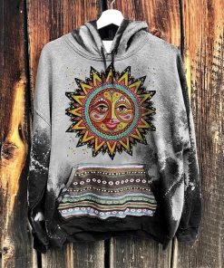Sun Print Hoodie Women Sweatshirts Aesthetic Ethnic Casual Long Sleeve Pullover Hooded Tops Hippies Streetwear Female Jumper Top - Yellow