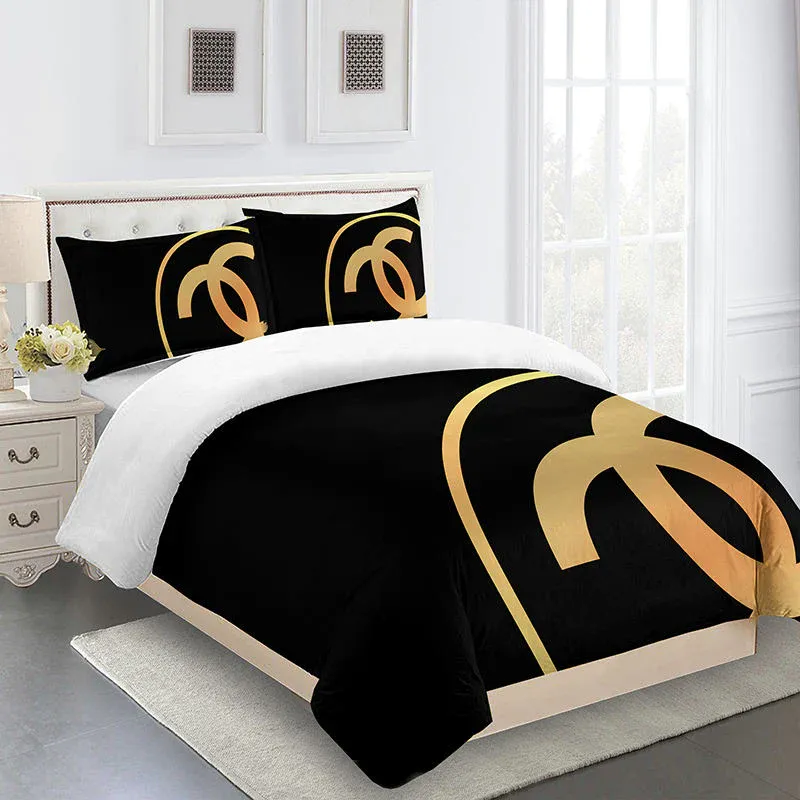 Chanel Golden Logo Black Luxury Brand Bedding Set