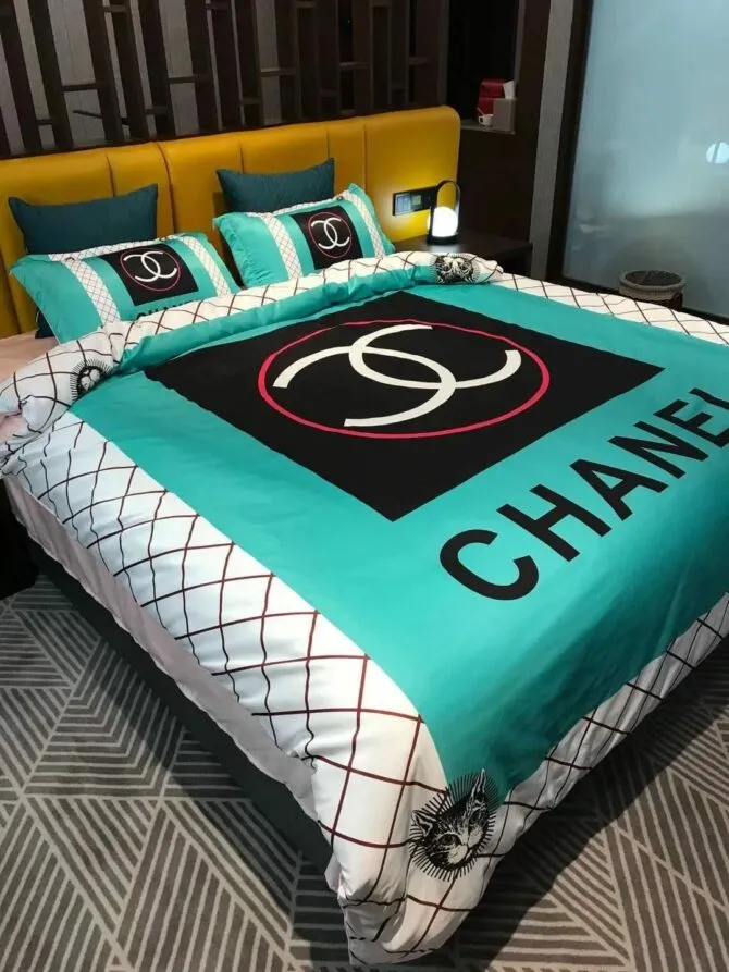 Chanel Logo Cyan Luxury Brand Bedding Set