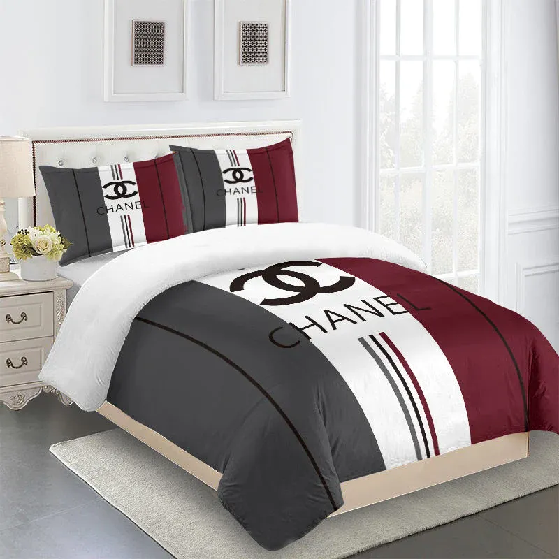 Chanel Red Grey White Luxury Brand Premium Bedding Set