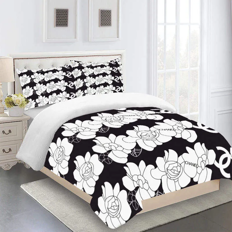 Chanel White Flowers Black Luxury Brand Bedding Set