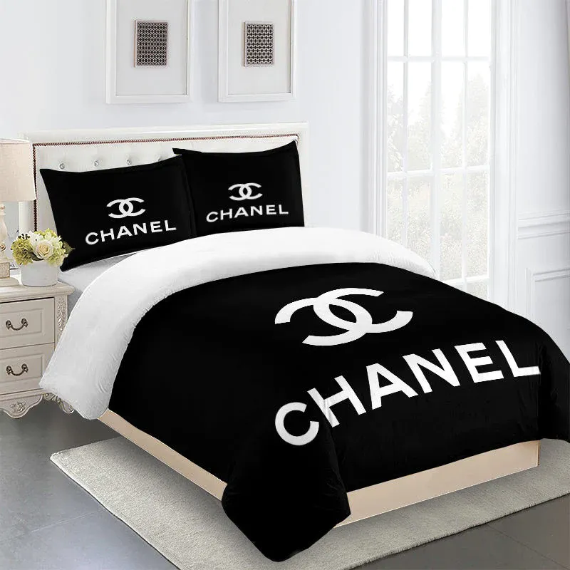 Chanel White Logo Black Luxury Brand Bedding Set