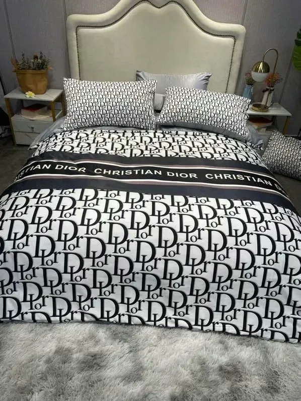 Christian Dior Black White Logo Luxury Brand Premium Bedding Set