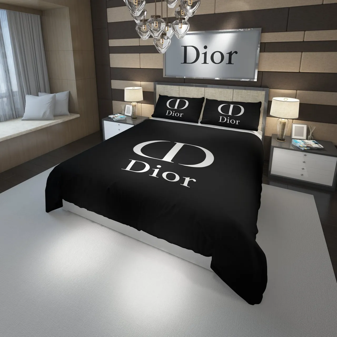 Christian Dior Logo Black Fashion Luxury Brand Premium Bedding Set