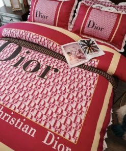 Christian Dior Red Logo Luxury Brand Bedding Set