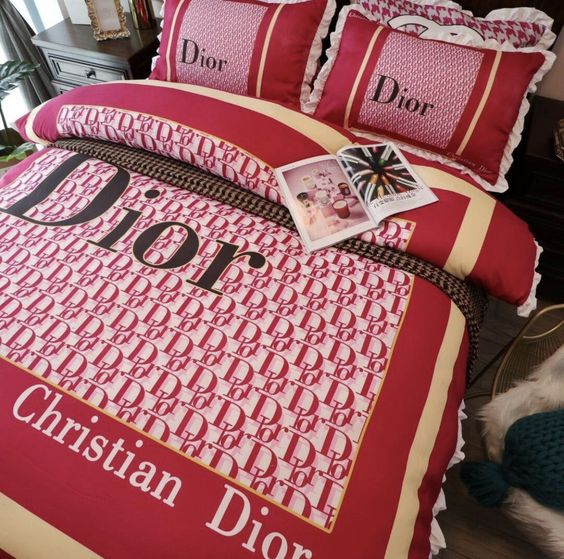 Christian Dior Red Logo Luxury Brand Bedding Set