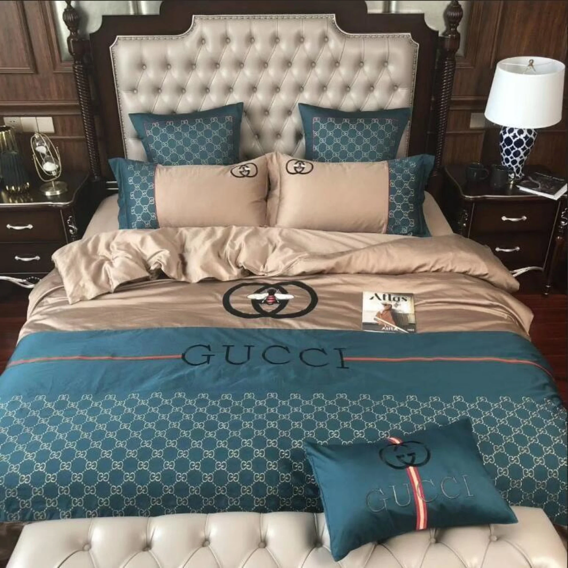 Gucci Beige Blue Luxury Brand Bedding Set