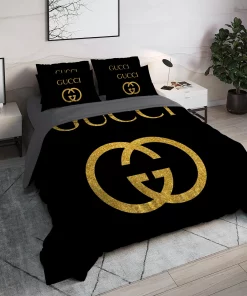 Gucci Black Golden Logo Luxury Brand High End Premium Bedding Set