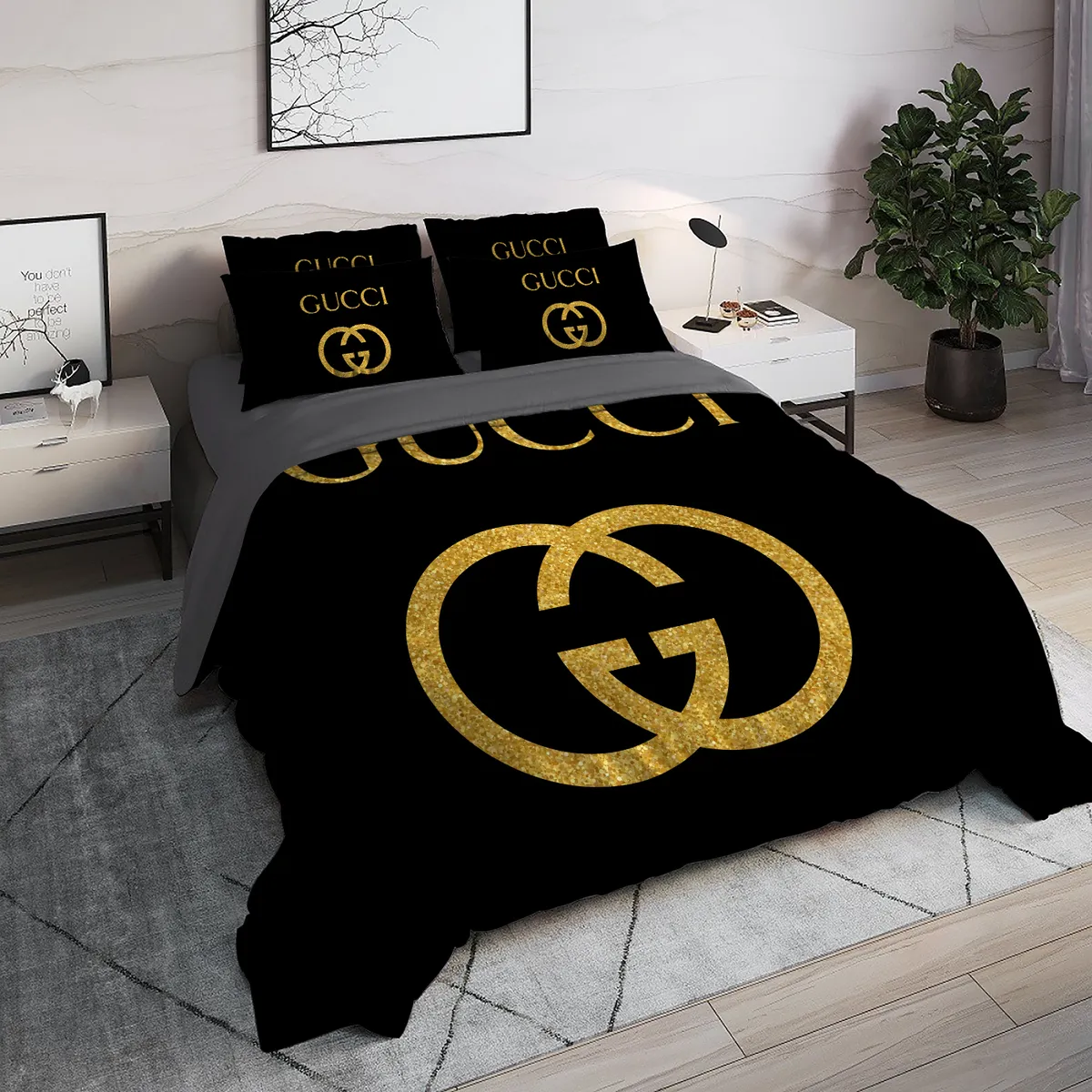 Gucci Black Golden Logo Luxury Brand High End Premium Bedding Set