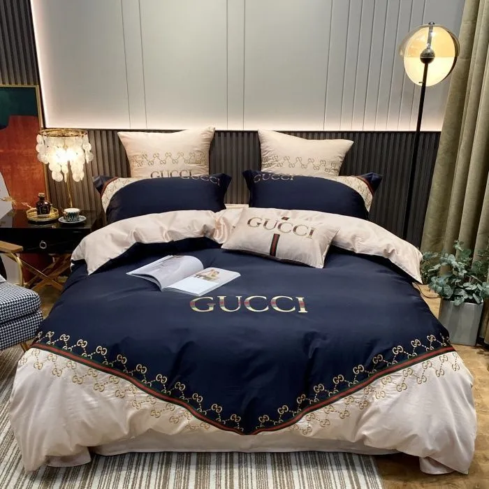 Gucci Blue Khaki Beige Luxury Brand Bedding Set