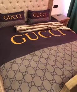 Gucci Brown Beige Logo Luxury Brand Bedding Set