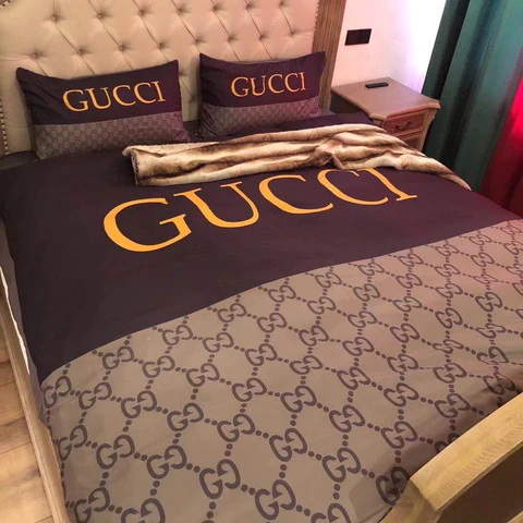 Gucci Brown Beige Logo Luxury Brand Bedding Set