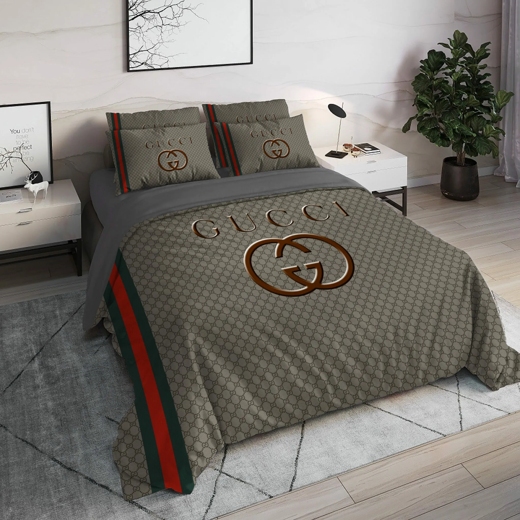 Gucci Khaki Luxury Brand High End Premium Bedding Set