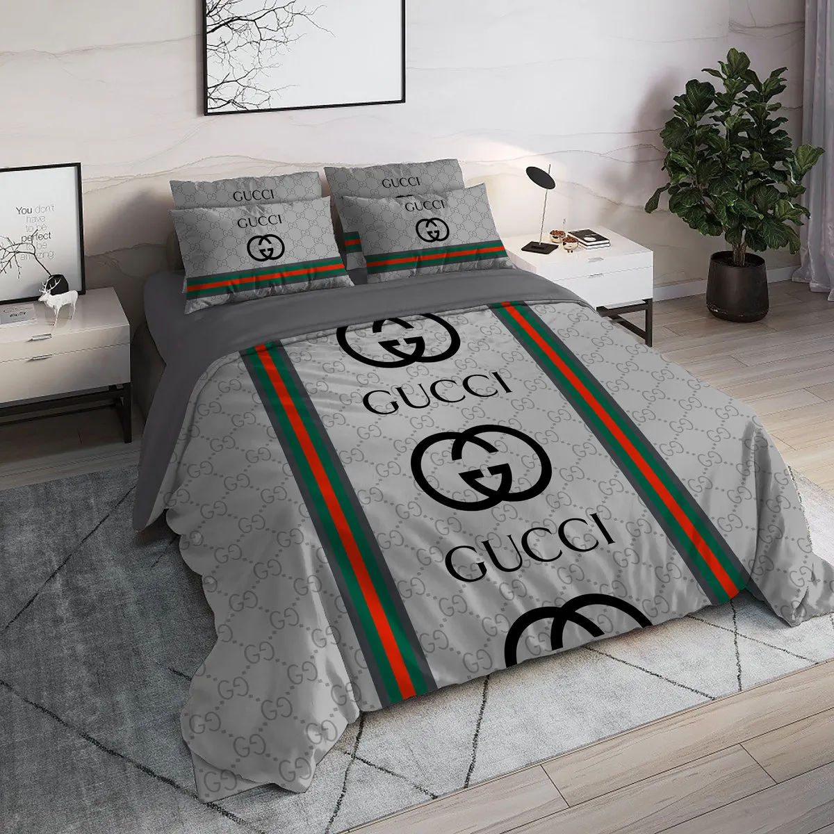 Gucci Logo Luxury Brand High End Premium Bedding Set