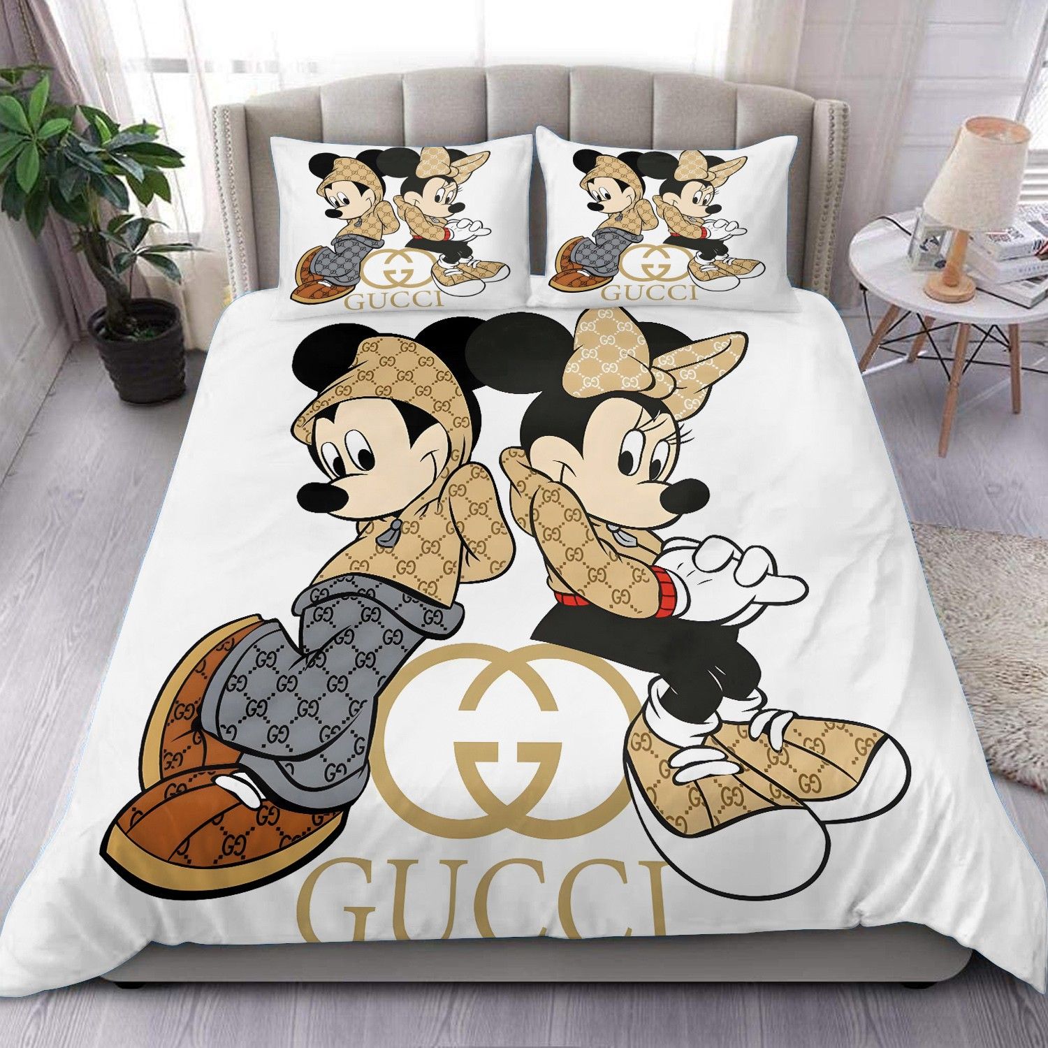 Gucci Mickey Couple Logo Luxury Brand Bedding Set