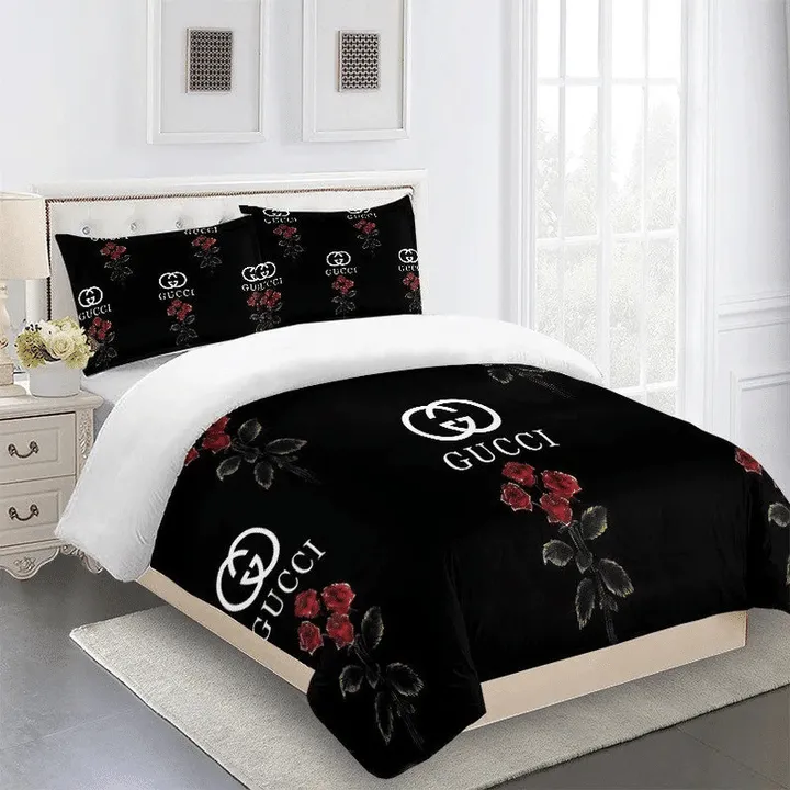 Gucci Roses Black Luxury Brand Premium Bedding Set