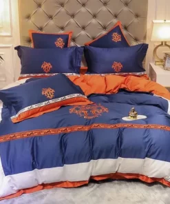 Hermes Blue Logo Luxury Brand Bedding Set