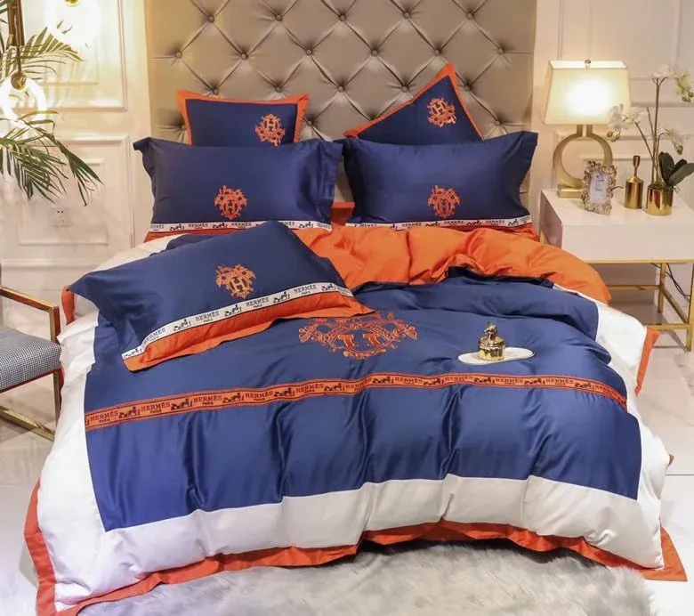 Hermes Blue Logo Luxury Brand Bedding Set