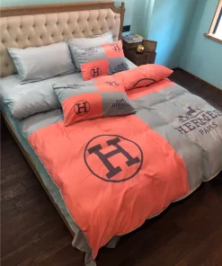 Hermes Light Red Grey Luxury Brand Premium Bedding Set