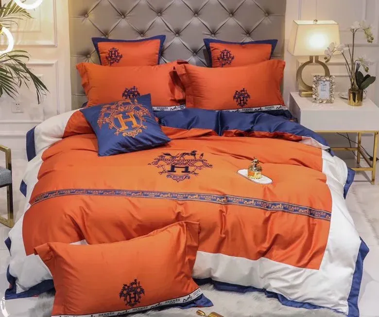 Hermes Orange Logo Luxury Brand Bedding Set