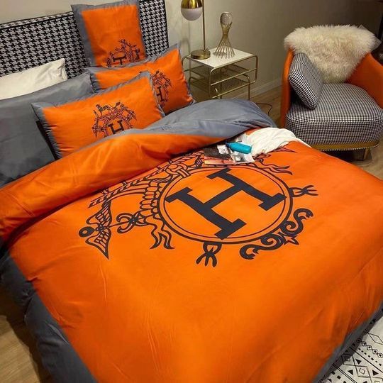 Hermes Orange Logo Luxury Brand Bedding Sets