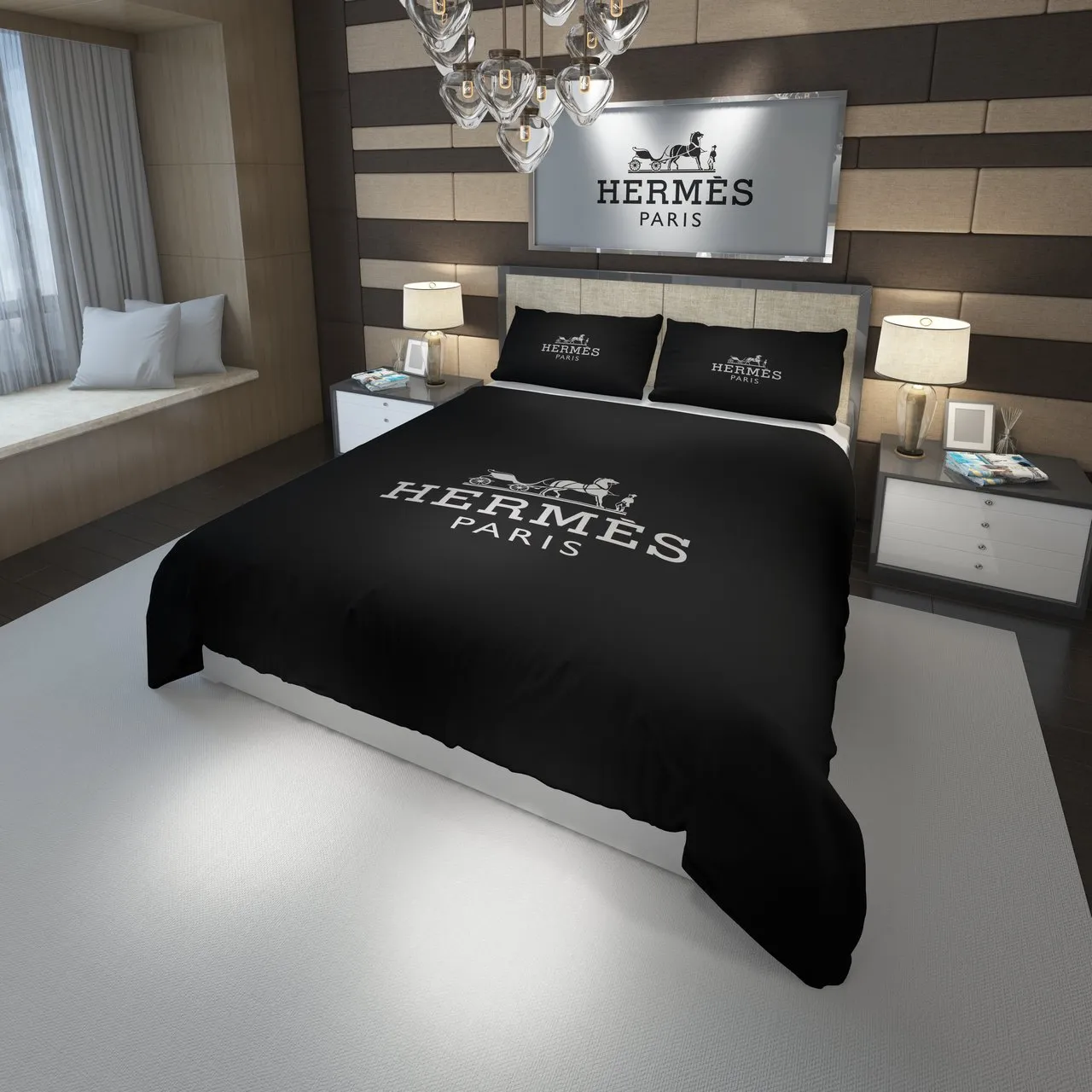 Hermes Paris Black Fashion Luxury Brand Premium Bedding Set