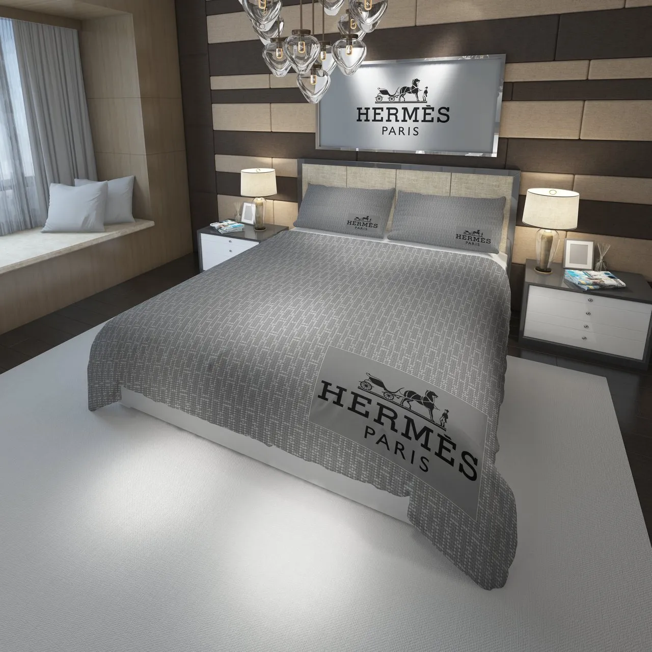 Hermes Paris Grey Fashion Luxury Brand Premium Bedding Set