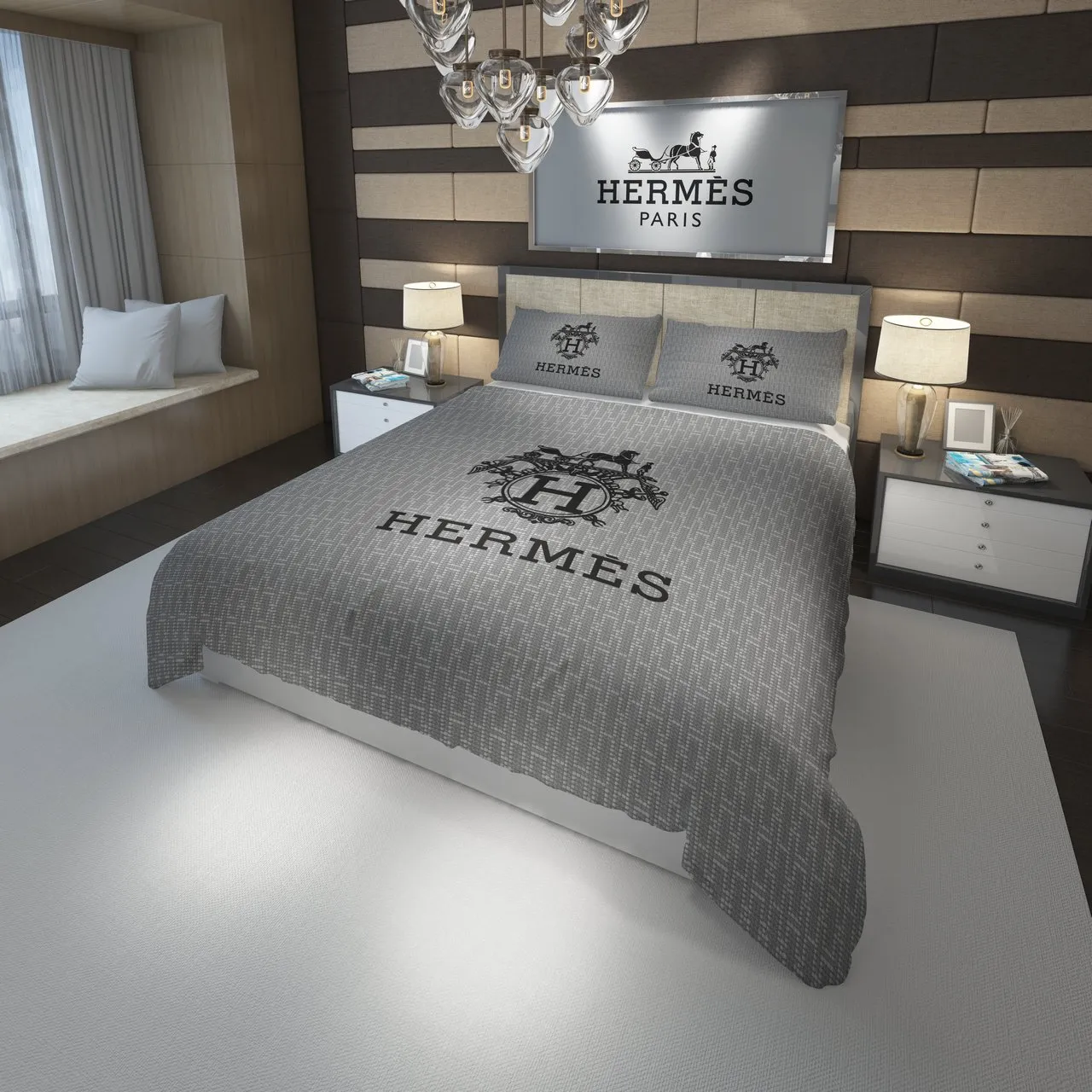 Hermes Paris Logo Grey Fashion Luxury Brand Premium Bedding Set