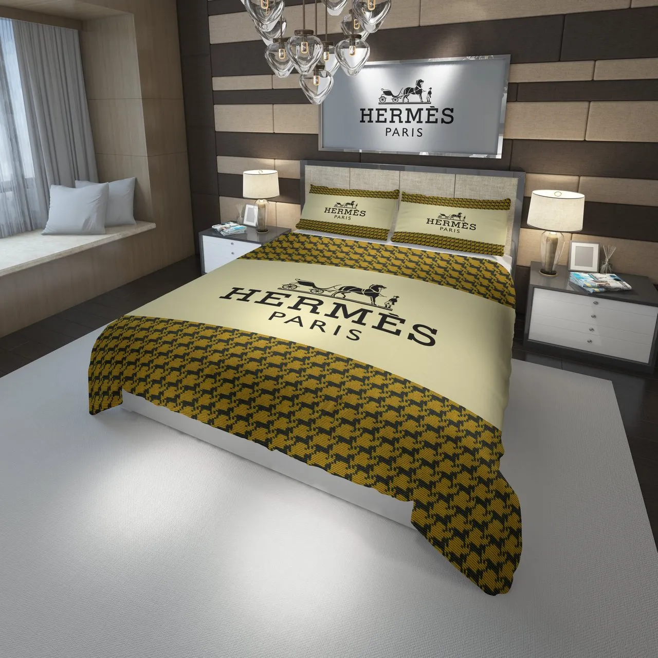 Hermes Paris Yellow Fashion Luxury Brand Premium Bedding Set