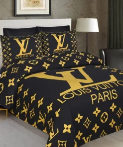 Louis Vuiton Black Golden Paris Logo Luxury Brand Bedding Set