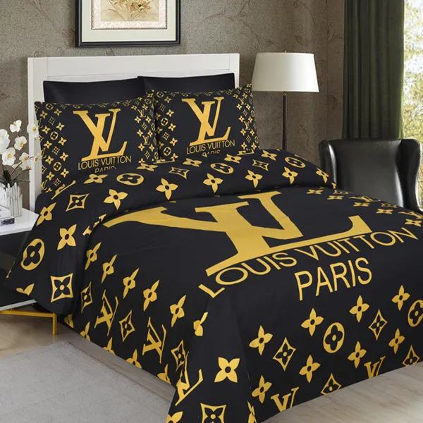 Louis Vuiton Black Golden Paris Logo Luxury Brand Bedding Set