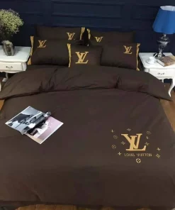 Louis Vuitton Basic Golden Logo Brown Luxury Brand Bedding Set