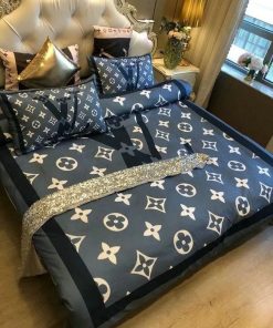 Louis Vuitton Blue And Black Logo Brand Bedding Set