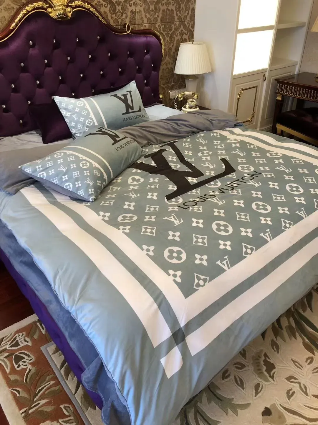 Louis Vuitton Blue Monogram Luxury Brand Bedding Set