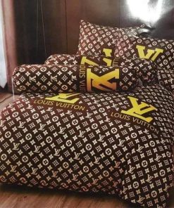 Louis Vuitton Brown Golden Logo Luxury Brand Bedding Set