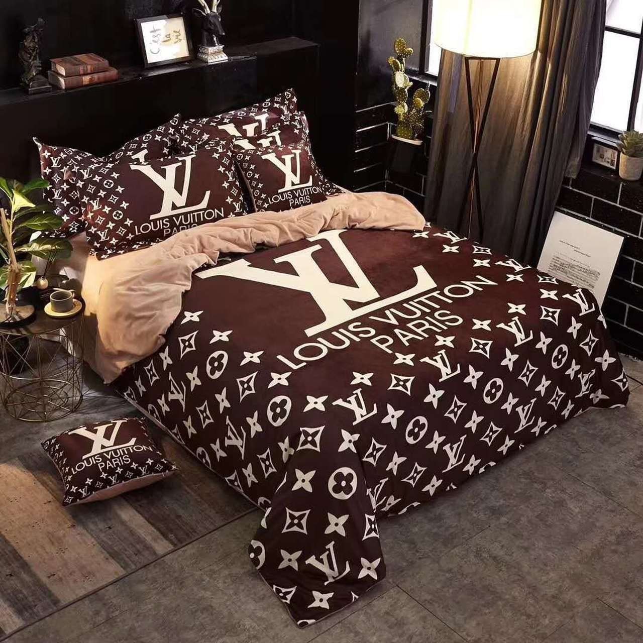 Louis Vuitton Brown White Logo Fashion Luxury Brand Bedding Set