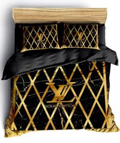 Louis Vuitton Golden Black Fashion Luxury Brand Fashion Bedding Set