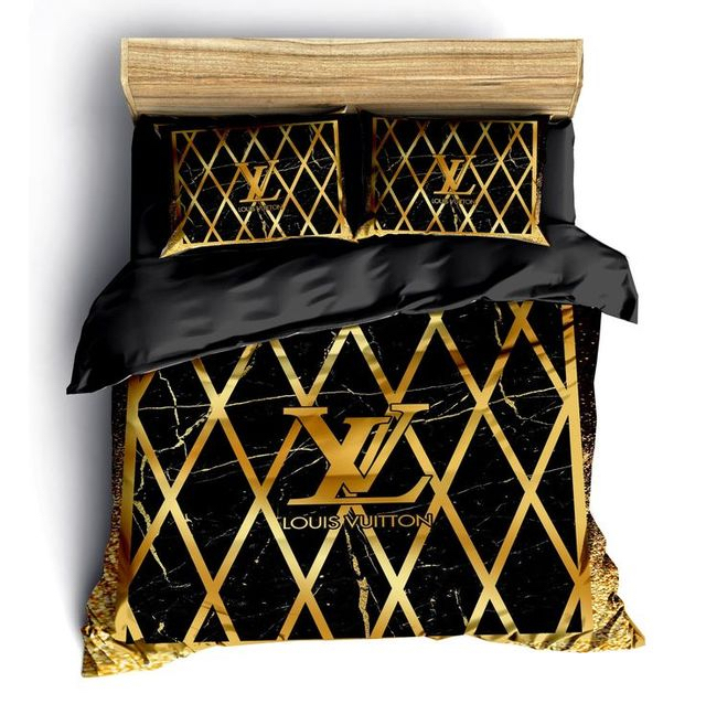 Louis Vuitton Golden Black Fashion Luxury Brand Fashion Bedding Set