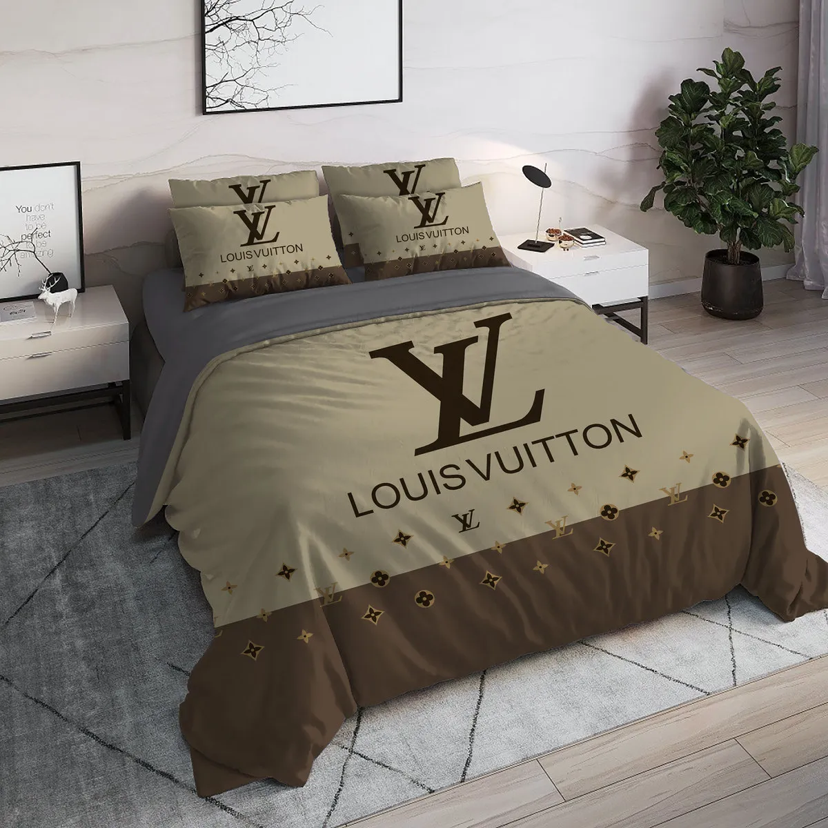 Louis Vuitton Light Grey Luxury Brand High End Premium Bedding Set