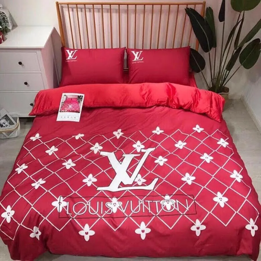 Louis Vuitton Pattern Red Luxury Brand Bedding Set