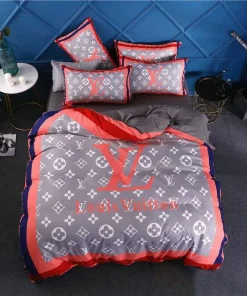 Louis Vuitton Red Logo Grey Luxury Brand Premium Bedding Set