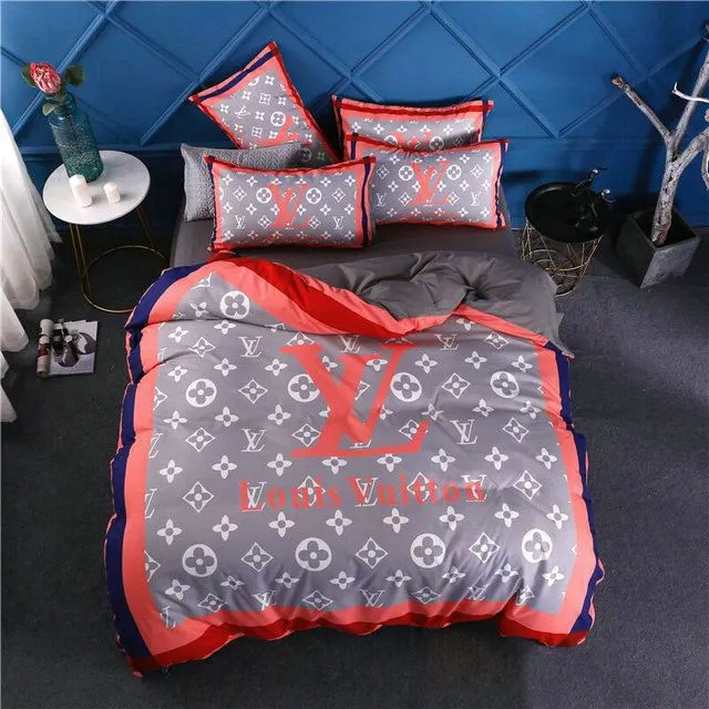 Louis Vuitton Red Logo Grey Luxury Brand Premium Bedding Set